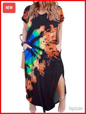 Plus Size Maxi Dress V Neck Short Sleeve Loose Pocket Slit Long Dress